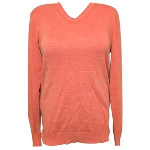 $75 RELWEN orange gray lightweight V Neck long sleeve micro stripe sweater S GUC